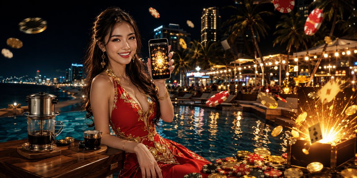 Người dùng trải nghiệm ứng dụng casino trên điện thoại tại một quán cà phê Nha Trang